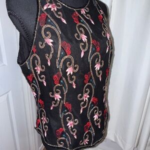 Adrianna Papell Black Tank Top with Red and Pink Embroidery